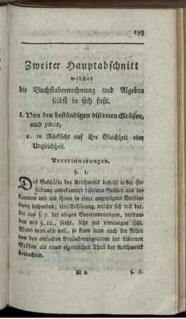 Zweiter Hauptabschnitt welcher die Buchstabenrechnung und Algebra selbst in sich faßt.