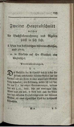 Zweiter Hauptabschnitt welcher die Buchstabenrechnung und Algebra selbst in sich faßt.