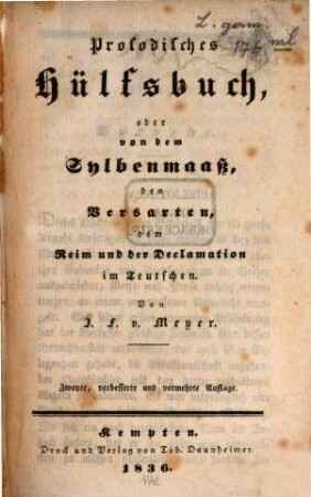 Prosodisches Hülfsbuch : oder von dem Sylbenmaß, den Versarten, dem Reim und der Declamation im Deutschen