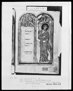Psalterium (sogenannter Landgrafenpsalter) — Kalendar, Folio 1verso-7recto — Buchseite Februar mit Apostel Matthias und Monatsbild, Folio 2recto
