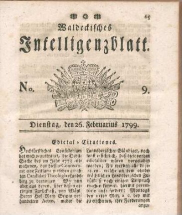 No. 9, Dienstag, den 26. Februarius 1799