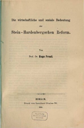 Die wirtschaftliche und soziale Bedeutung der Stein-Hardenbergschen Reform