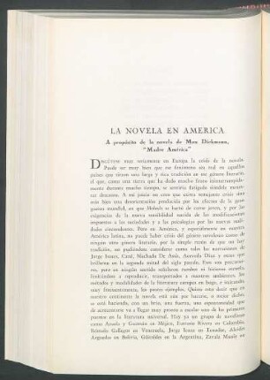 La novela en América : A propósito de la novela de Max Dickmann, "Madre América"