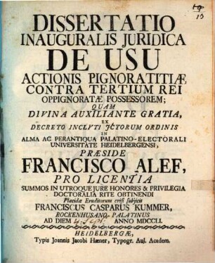 Diss. inaug. iur. de usu actionis pignoratitiae contra tertium rei oppignoratae possessorem