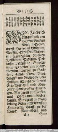 Wir, Friedrich Augustus, von Gottes Gnaden König in Pohlen ...