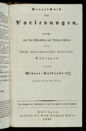 Vorlesungsverzeichnis 1837/38