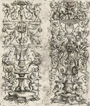 Zwei Kandelaber mit Groteskenornamenten, Blatt 32 aus: Opus Hopferianae