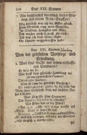 Das XXI. Examen. Von der göttlichen Vorsorge und Erhaltung