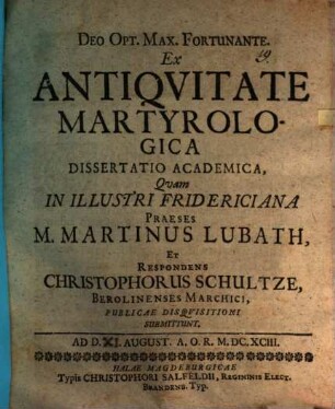 Ex antiquitate martyrologica dissertatio academica