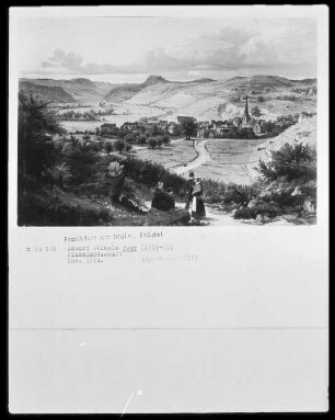 Blick in das Ahrtal bei Bodendorf; im Vordergrund die Bildnisse des Künstlers und seiner Freunde