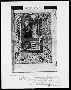Stundenbuch — Thronende Madonna mit Kind und kniendem Engel, Folio 163recto
