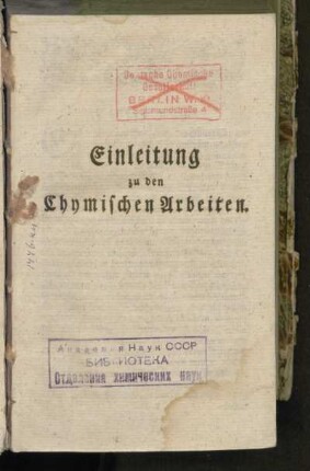 Einleitung zu den Chymischen Arbeiten