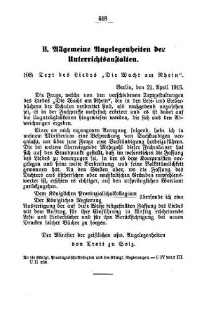 Text des Liedes "Die Wacht am Rhein" : [B. Allgemeine Angelegenheiten der Unterrichtsanstalten]