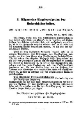 Text des Liedes "Die Wacht am Rhein" : [B. Allgemeine Angelegenheiten der Unterrichtsanstalten]