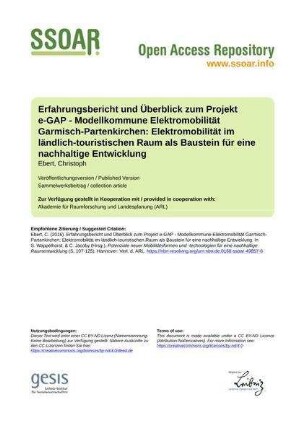 Erfahrungsbericht und Überblick zum Projekt e-GAP - Modellkommune Elektromobilität Garmisch-Partenkirchen: Elektromobilität im ländlich-touristischen Raum als Baustein für eine nachhaltige Entwicklung