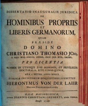 Dissertatio Inauguralis Juridica De Hominibus Propriis Et Liberis Germanorum