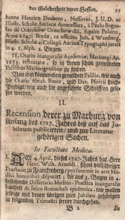 II. Recension derer zu Marburg von Anfang des 1727. Jahres biß auf das Jubilaeum publicirten, und zur Literatur gehörigen Sachen.