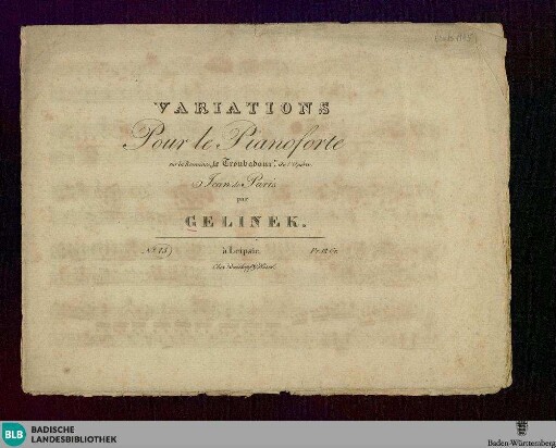Variations pour le Piano-Forté sur la Romance: Le Troubadour de l'Opera: Jean de Paris : No. 75