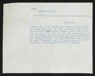 Brief von Gerhart Hauptmann an Jeanne Hettner