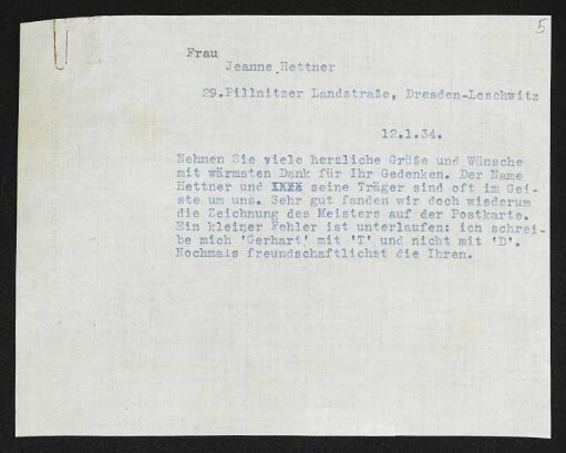 Brief von Gerhart Hauptmann an Jeanne Hettner