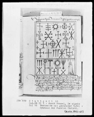 Jacobus Mennel, De signis portentis atque prodigiis — Textseite mit gerahmter Tafel mit Symbolen der Passion Christi, Folio 16recto