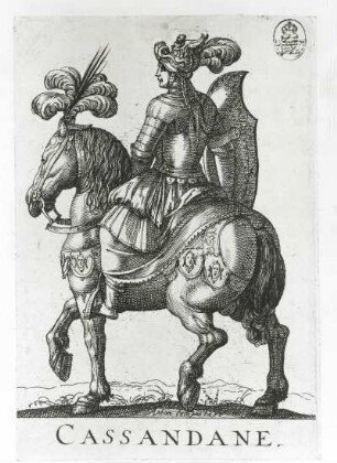 Cassandane : Vier der vornehmsten römischen Heroen und fünf Heroinen. Cassandane. Kupferstich; 151 x 100 mm (vor 1630; A. Tempesta). Dresden: Kupferstich-Kabinett A 96186 in A 838,2