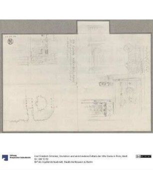 Grundriss und verschiedene Details der Villa Giulia in Rom