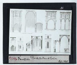 Erfurt, Predigerkirche,Erfurt, Barfüßerkirche,Esslingen, St. Dionys, Stadtkirche,Regensburg, Dominikanerkirche St. Blasius,Esslingen, Dominikanerkirche St. Paul : Aufrisszeichnungen, Querschnitte