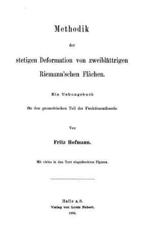 Methodik der stetigen Deformation von zweiblättrigen Riemann'schen Flächen : ein Uebungsbuch für den geometrischen Teil der Funktionentheorie