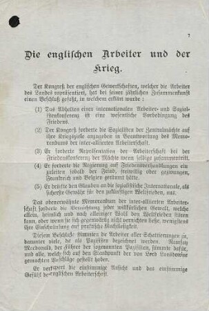 Die englischen Arbeiter und der Krieg