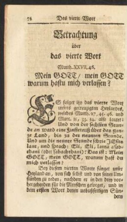 Betrachtung über das vierte Wort Matth. XXVII, 46. Mein Gott/ mein Gott warum hastu mich verlassen?