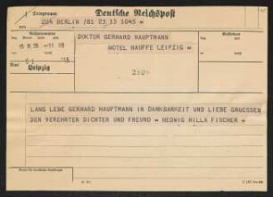 Brief von Hedwig Fischer und Hildegard Fischer an Gerhart Hauptmann