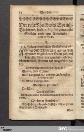 Der erste Theil dieses Spruch-Büchleins / hält in sich die gemeinste Sprüche nach dem Alphabeth / oder A.B.C.