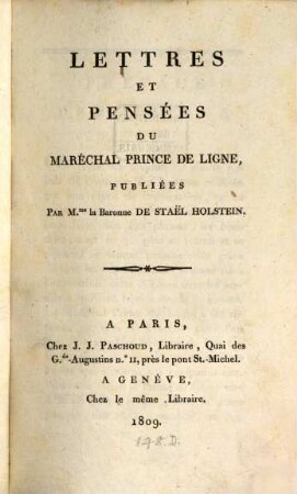 Lettres Et Pensées Du Maréchal Prince De Ligne