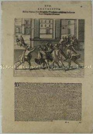 Der königliche Statthalter Blasco Nuñez Vela ersticht den königlichen Prokurator Illan Suarez (Juarez de Carbajal) - Illustration aus de Bry, Große und Kleine Reisen (Peru XVII/17)