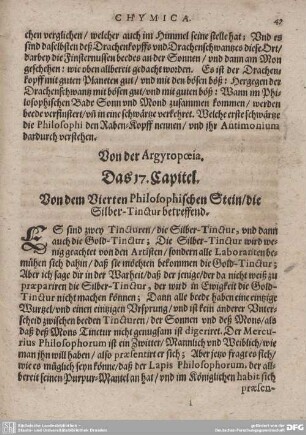 Von der Argyropoeia. Das 17. Capitel. Von dem Vierten Philosophischen Stein/die Silber-Tinctur betreffend.