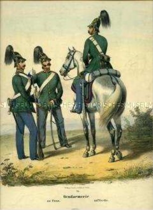 Uniformdarstellung, Gendarmen der Gendarmerie-Brigaden zu Fuß und zu Pferd, Preußen 1843/1845. Aus: Sachse: Das Preussische Heer. Tafel 35.
