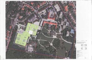 Hansjakob, Gottfried; München - Harlaching; Klinikum, Teilersatzneubau - Freiflächenplanung 2. Bauabschnitt (Luftaufnahme mit Einzeichnungen)