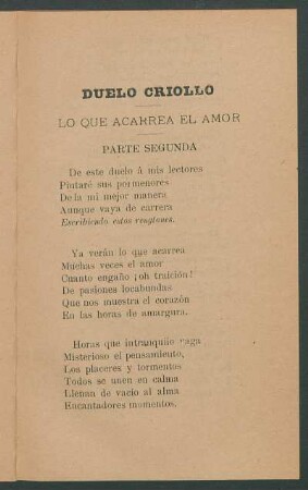 Duelo criollo : Lo que acarrea el amor. Parte segunda