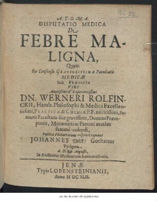 Disputatio Medica De Febre Maligna