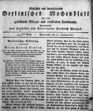 419tes Stueck, Sonnabend, den 11. Januar 1817