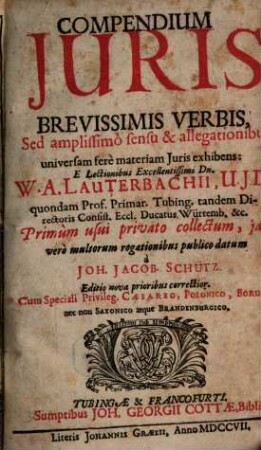 Compendium Juris Brevissimis Verbis : Sed amplissimô sensu & allegiationibus, universam ferè materiam Juris exhibens