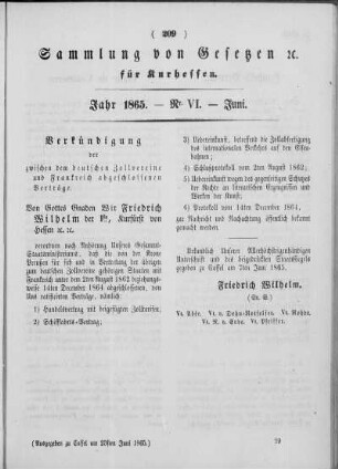 Sammlung von Gesetzen für Kurhessen. Jahr 1865. - Nr. VI. Juni.