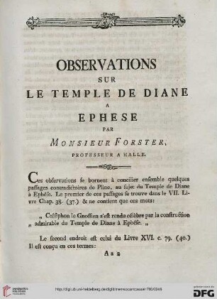 Observations sur le temple de Diane à Ephese
