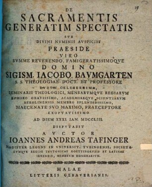 De sacramentis generatim spectatis disputatio