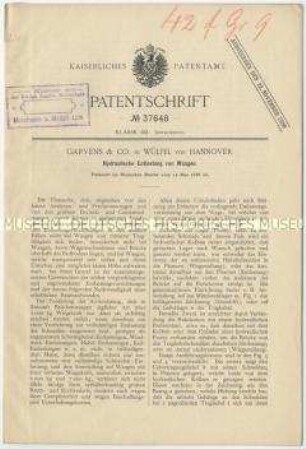 Patentschrift einer hydraulischen Entlastung von Waagen, Patent-Nr. 37648