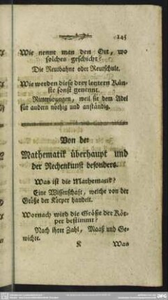 Von der Mathematik überhaupt und der Rechenkunst besonders