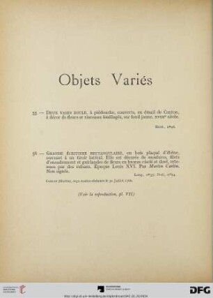 Objets variés (Nr. 55-56) mit Planche VII-VIII