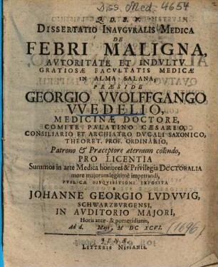 Dissertatio Inavgvralis Medica De Febri Maligna