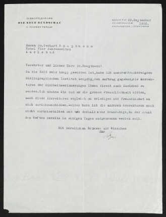 Brief von Rudolf Kayser von Die Neue Rundschau <Zeitschrift> an Gerhart Hauptmann